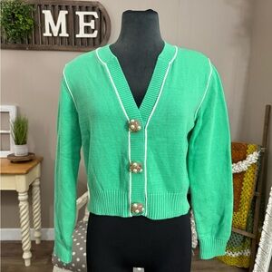 CAbi • Wallis Mint Julip Green Jeweled Button Cropped Cardigan